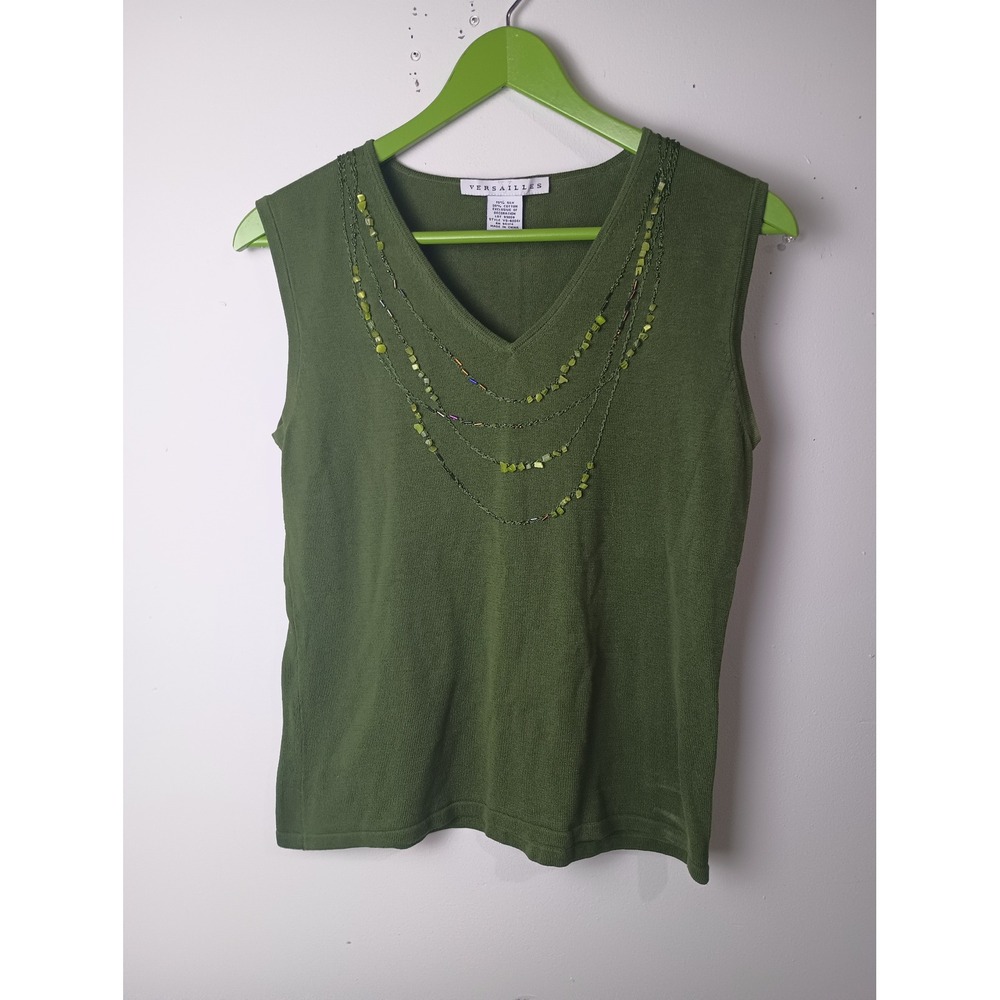 Versailles Vintage Y2K Silk Cotton Knit Beaded V-Neck Tank Top Olive Green Med